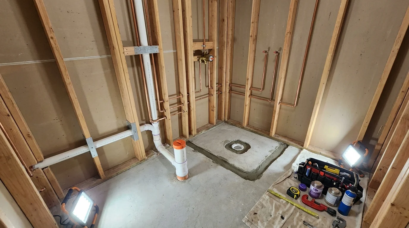 Bathroom rough-in plumbing during remodel by Johns Plumbing LLC in Port Angeles