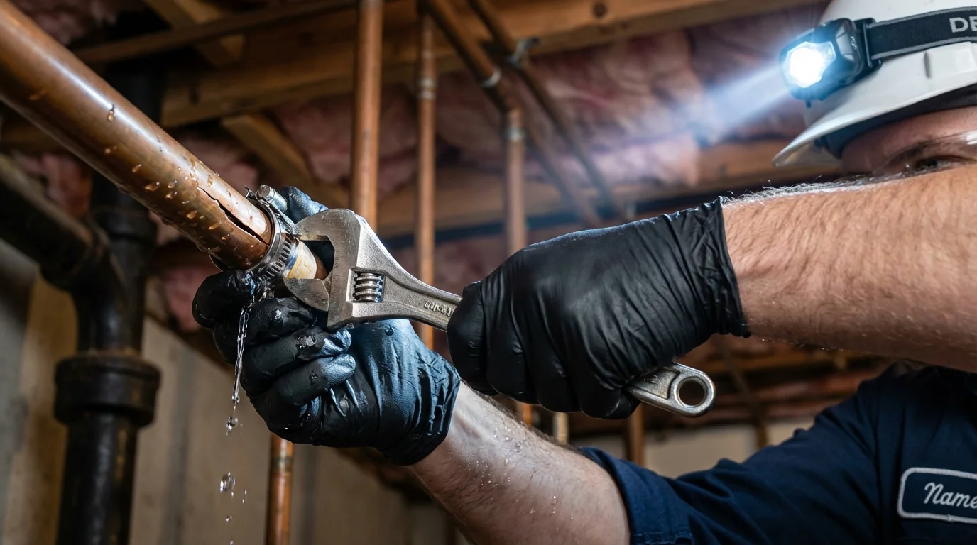 Emergency pipe clamp repair being performed by a Johns Plumbing LLC plumber in Port Angeles