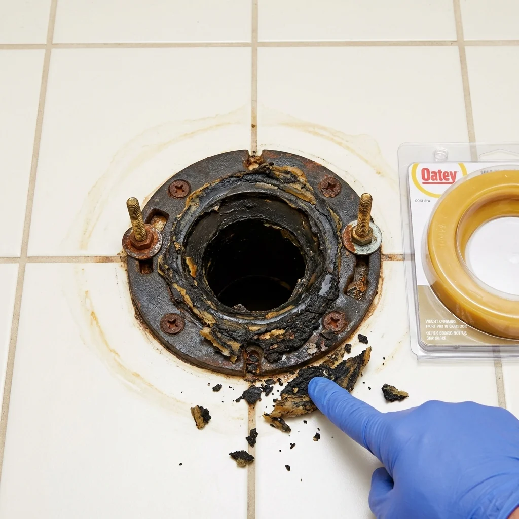 Failed wax ring showing water seepage at the base of a toilet in a Port Angeles, WA home