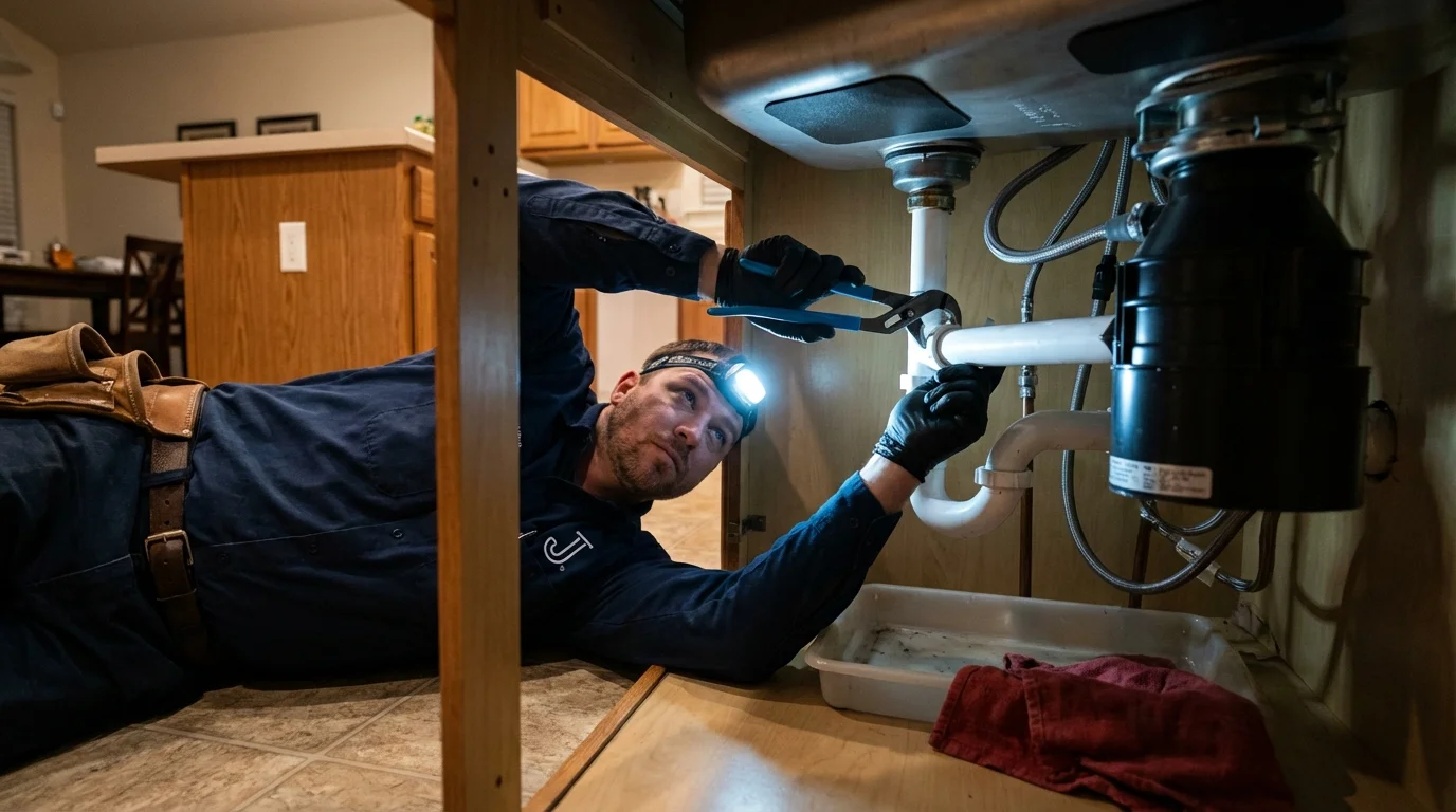 P-trap and supply line connections under a kitchen sink showing a common leak point in Port Angeles, WA